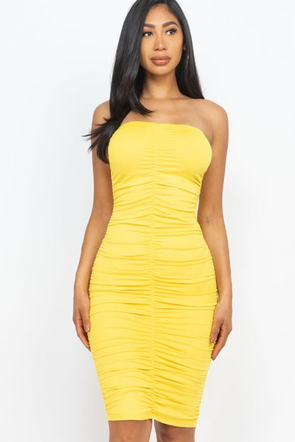 Capella Apparel 4-Way Ruched Tube Midi Dress Yellow