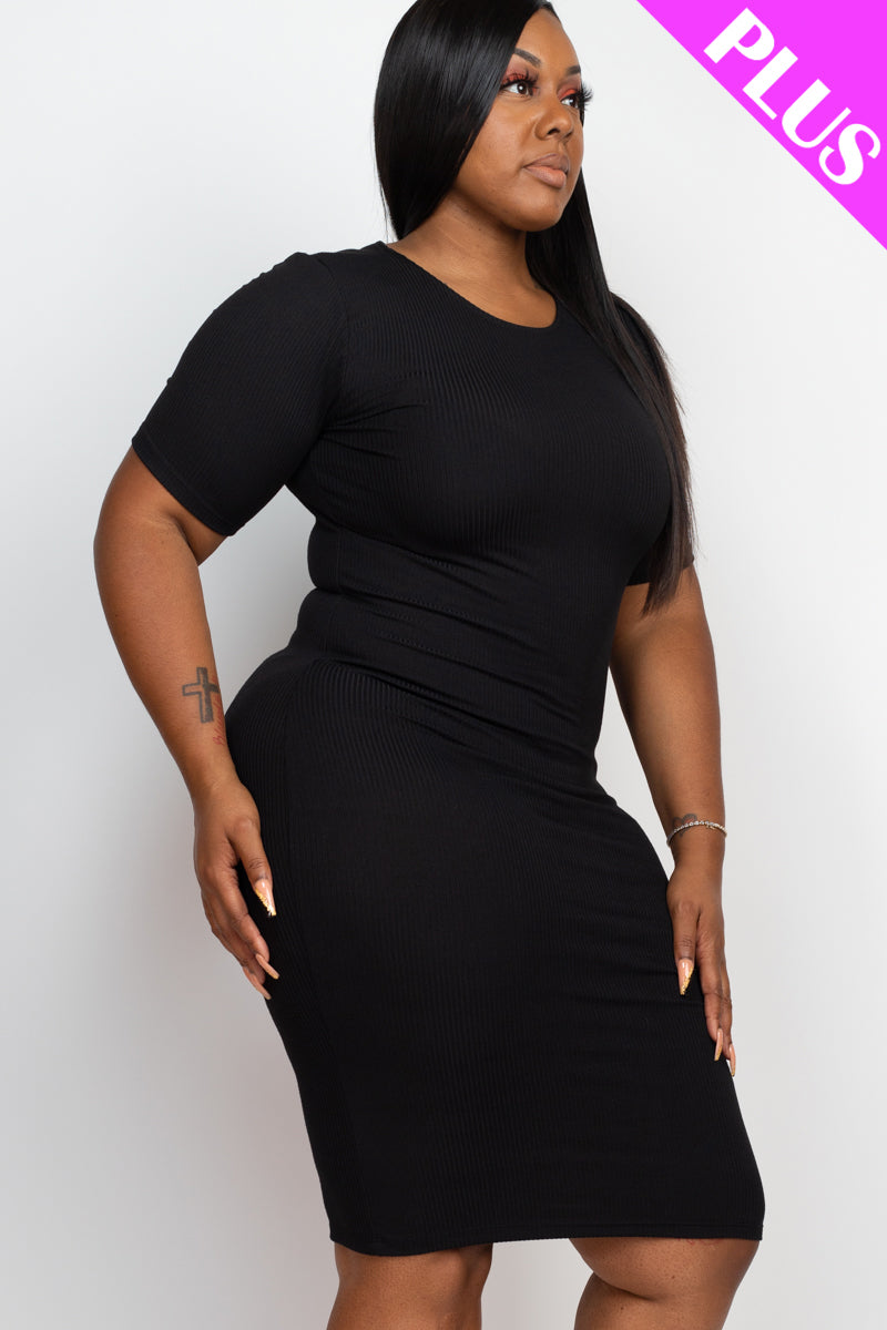 Plus Size Short Sleeved Ribbed Bodycon Midi Dress - Capella Apparel Wholesale