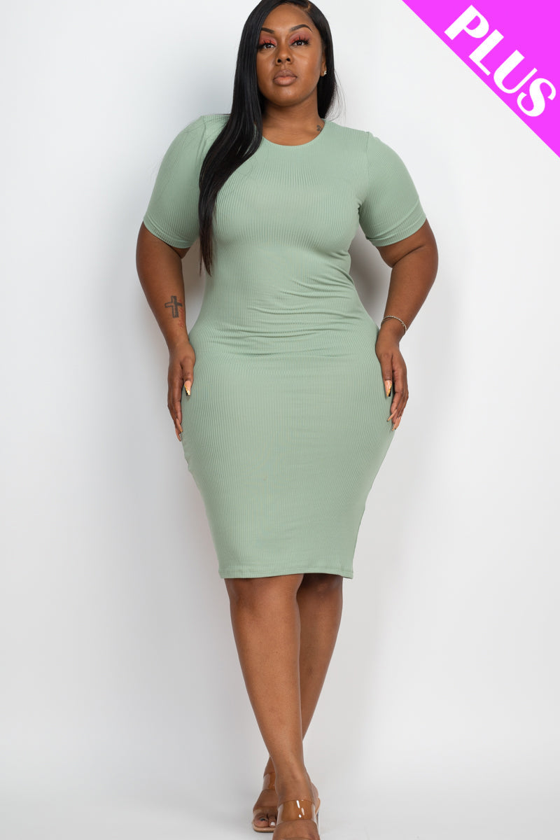 Plus Size Ribbed Short Sleeve Bodycon Midi Dress (CAPELLA) - Capella Apparel