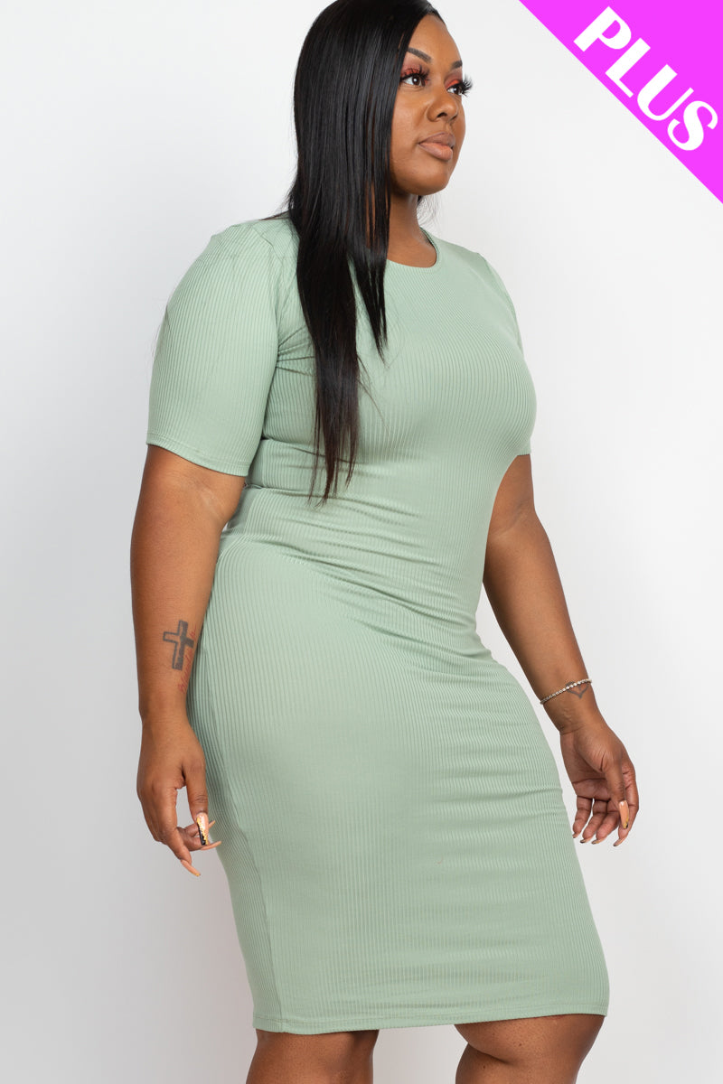 Plus Size Ribbed Short Sleeve Bodycon Midi Dress (CAPELLA) - Capella Apparel