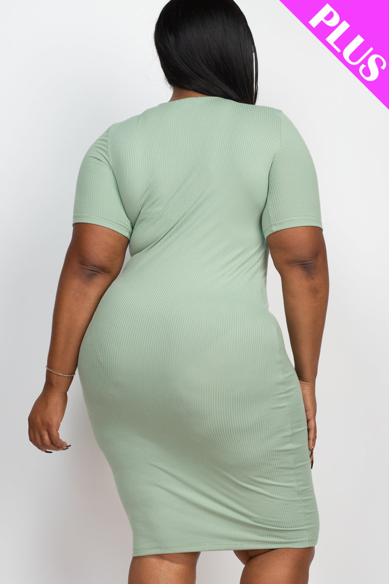 Plus Size Ribbed Short Sleeve Bodycon Midi Dress (CAPELLA) - Capella Apparel