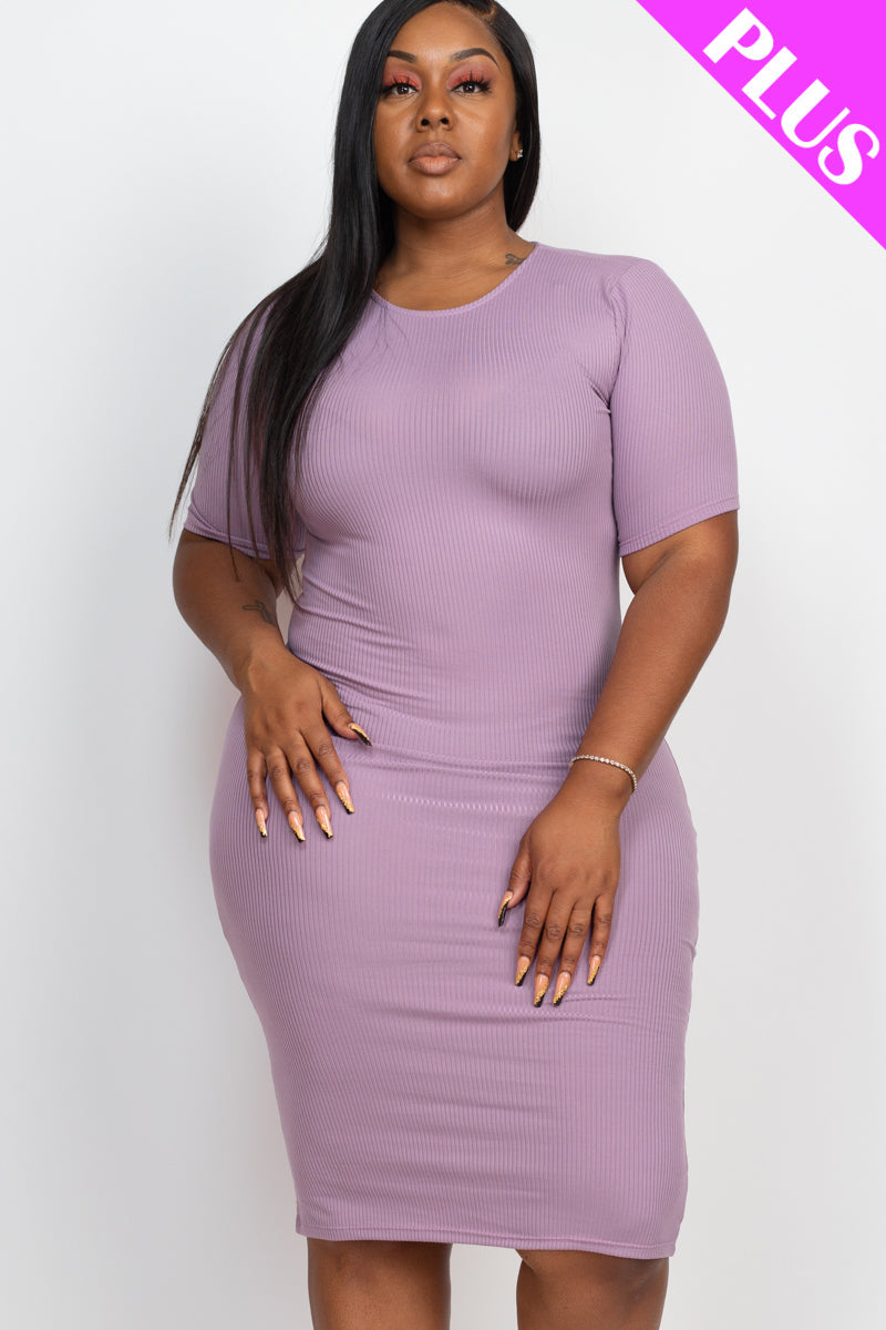 Plus Size Ribbed Short Sleeve Bodycon Midi Dress (CAPELLA) - Capella Apparel