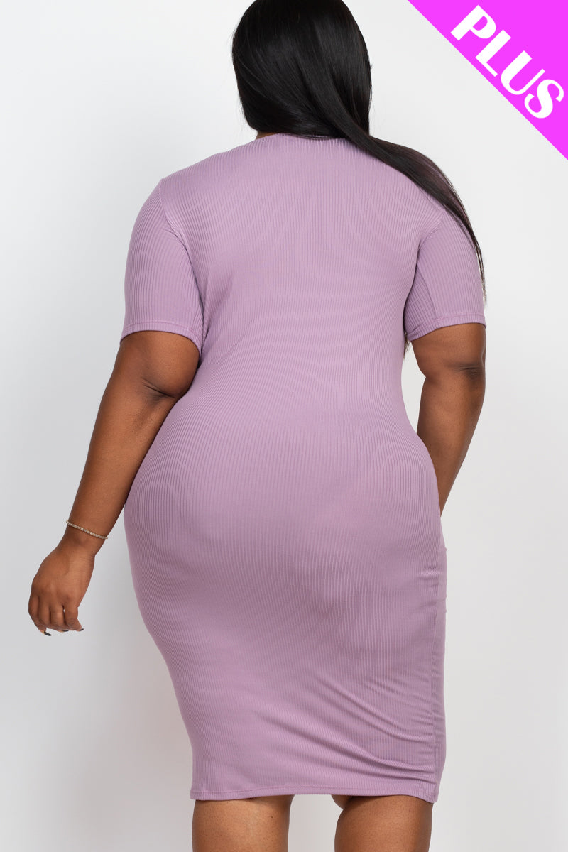 Plus Size Ribbed Short Sleeve Bodycon Midi Dress (CAPELLA) - Capella Apparel