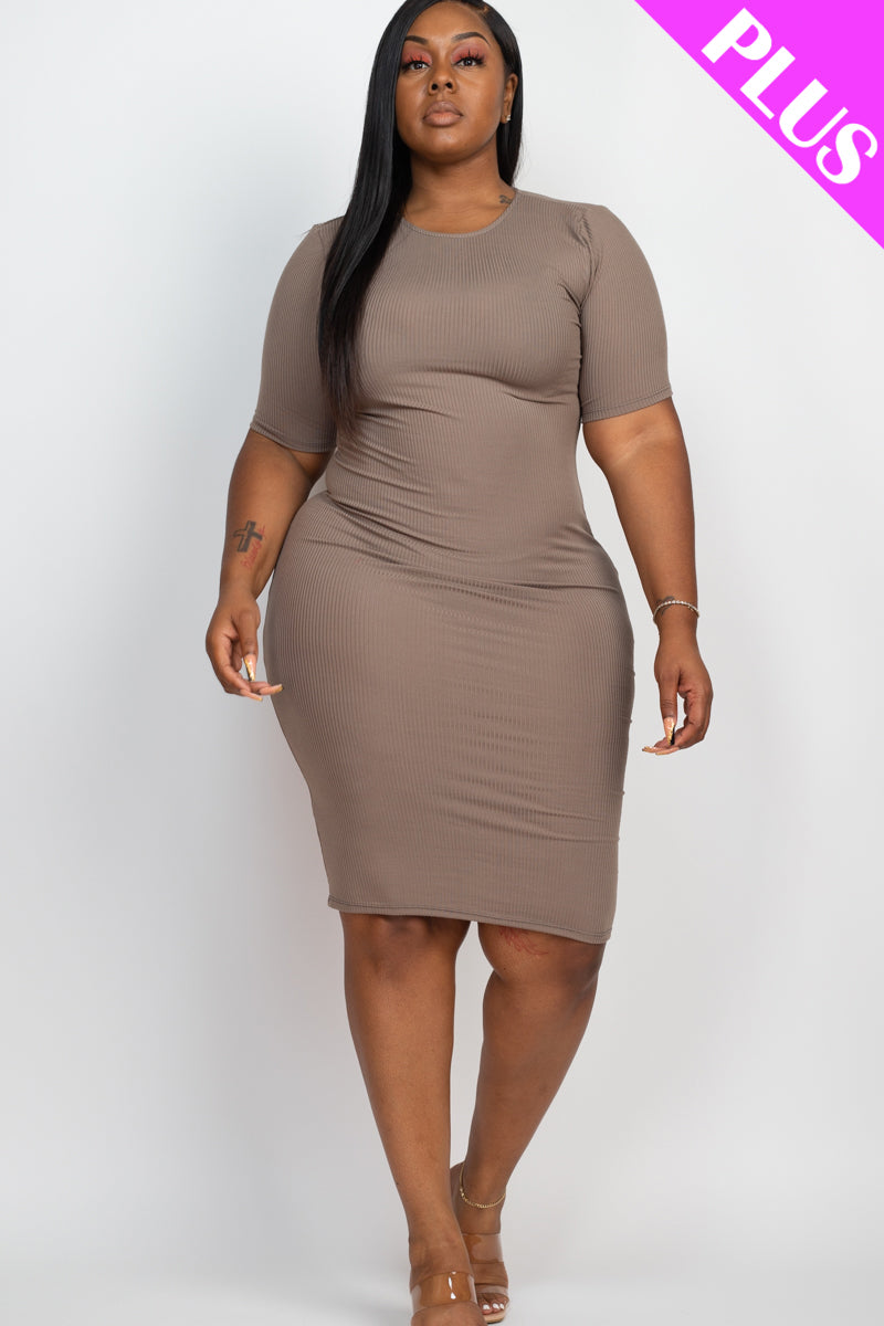 Plus Size Ribbed Short Sleeve Bodycon Midi Dress (CAPELLA) - Capella Apparel