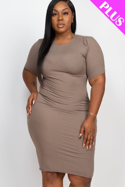 Plus Size Ribbed Short Sleeve Bodycon Midi Dress (CAPELLA) - Capella Apparel