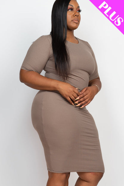 Plus Size Ribbed Short Sleeve Bodycon Midi Dress (CAPELLA) - Capella Apparel