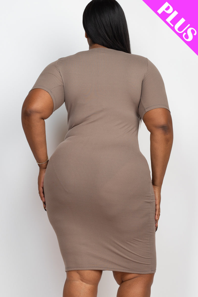 Plus Size Ribbed Short Sleeve Bodycon Midi Dress (CAPELLA) - Capella Apparel