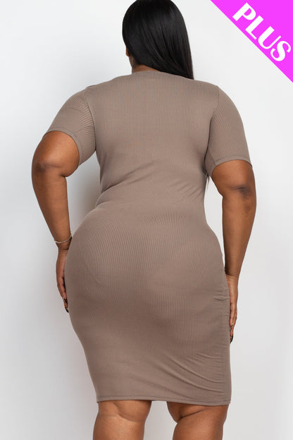 Plus Size Ribbed Short Sleeve Bodycon Midi Dress (CAPELLA) - Capella Apparel