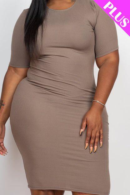 Plus Size Ribbed Short Sleeve Bodycon Midi Dress (CAPELLA) - Capella Apparel