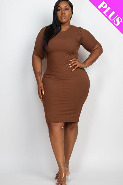 Plus Size Short Sleeved Ribbed Bodycon Midi Dress - Capella Apparel Wholesale
