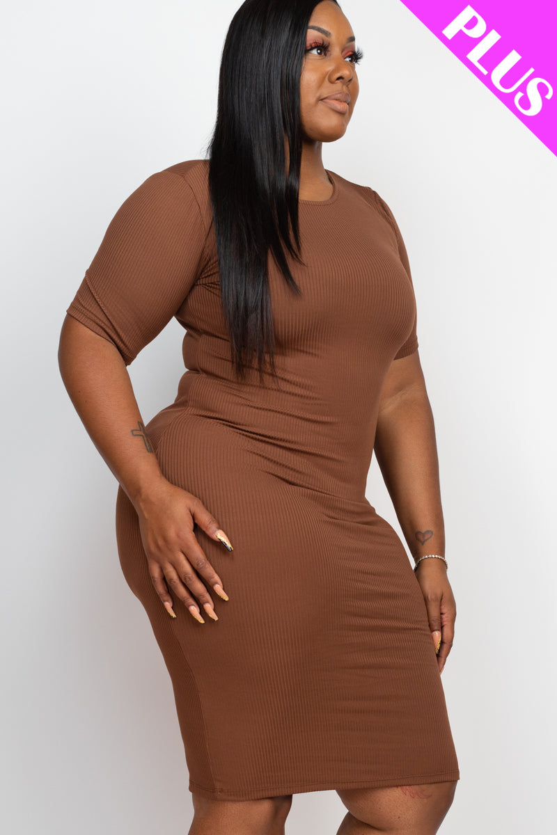 Plus Size Short Sleeved Ribbed Bodycon Midi Dress - Capella Apparel Wholesale