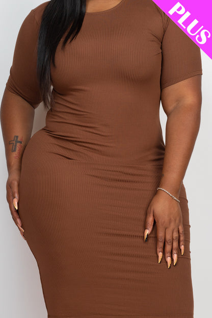 Plus Size Short Sleeved Ribbed Bodycon Midi Dress - Capella Apparel Wholesale