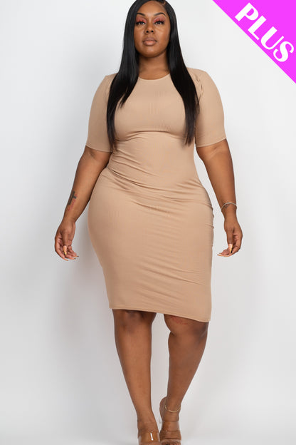 Plus Size Short Sleeved Ribbed Bodycon Midi Dress - Capella Apparel Wholesale
