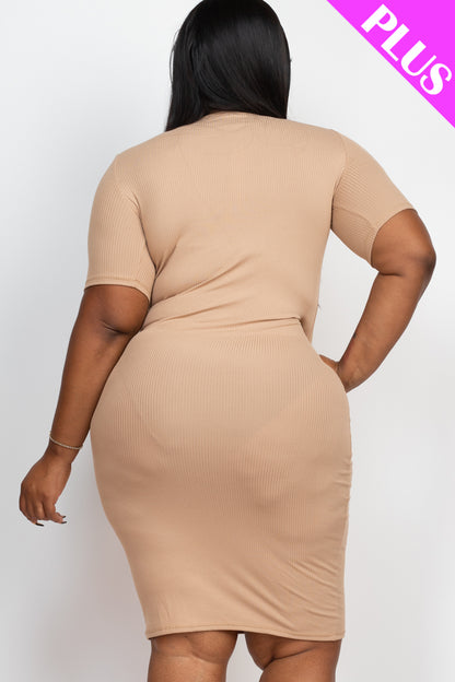 Plus Size Short Sleeved Ribbed Bodycon Midi Dress - Capella Apparel Wholesale