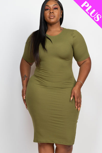 Plus Size Short Sleeved Ribbed Bodycon Midi Dress - Capella Apparel Wholesale