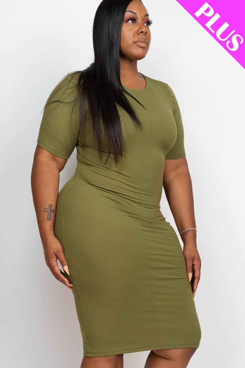 Plus Size Ribbed Short Sleeve Bodycon Midi Dress (CAPELLA) - Capella Apparel