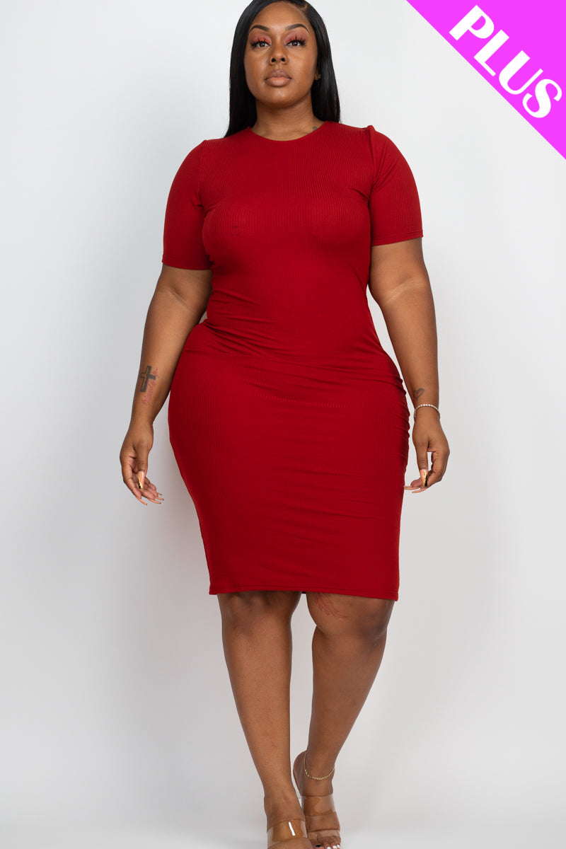 Plus Size Short Sleeved Ribbed Bodycon Midi Dress - Capella Apparel Wholesale