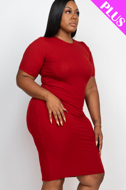 Plus Size Short Sleeved Ribbed Bodycon Midi Dress - Capella Apparel Wholesale