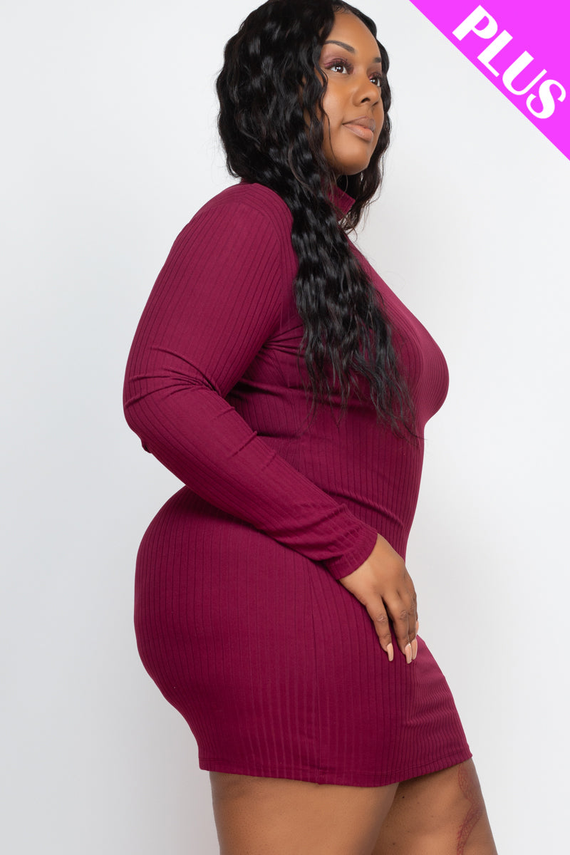 Plus Size Ribbed Long Sleeve Mock neck Mini Bodycon Dress - Capella Apparel Wholesale
