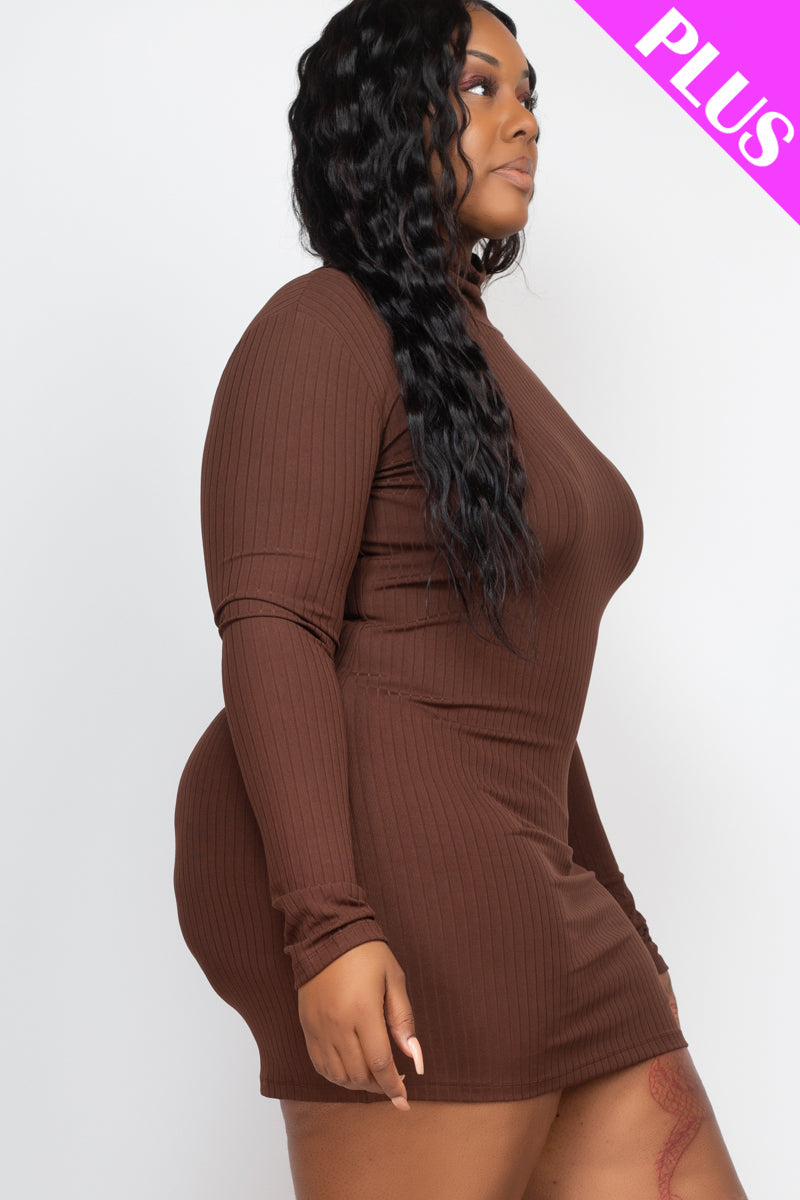 Plus Size Ribbed Long Sleeve Mock neck Mini Bodycon Dress - Capella Apparel Wholesale