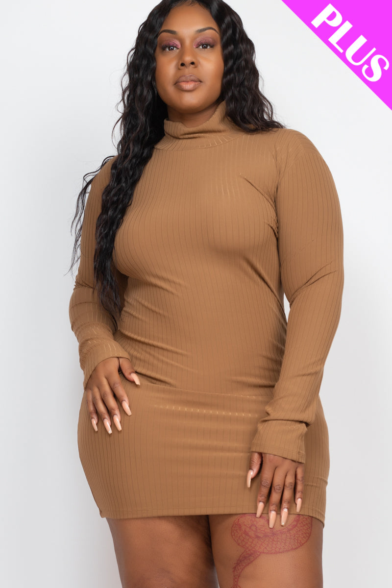 Plus Size Ribbed Long Sleeve Mock neck Mini Bodycon Dress - Capella Apparel Wholesale