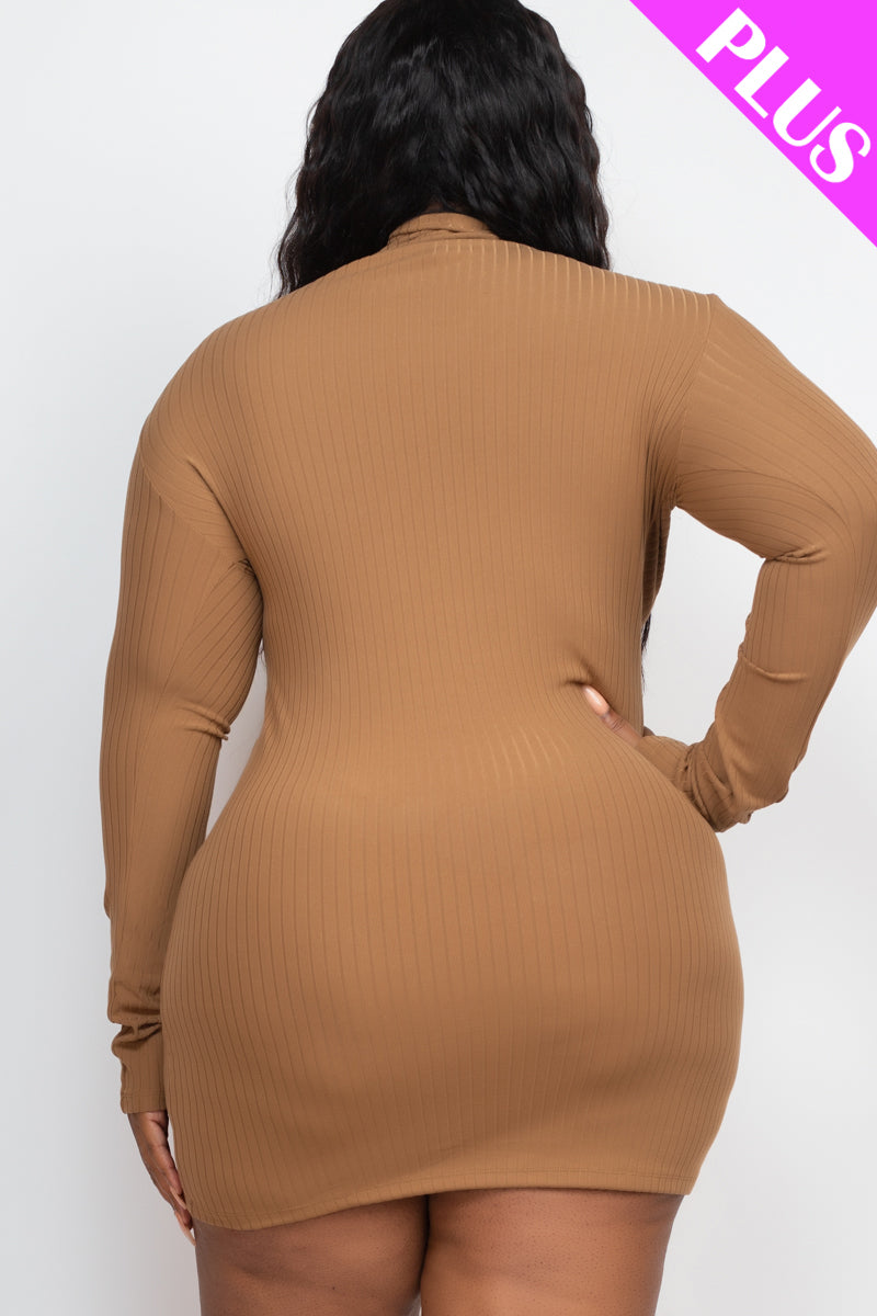 Plus Size Ribbed Long Sleeve Mock neck Mini Bodycon Dress - Capella Apparel Wholesale