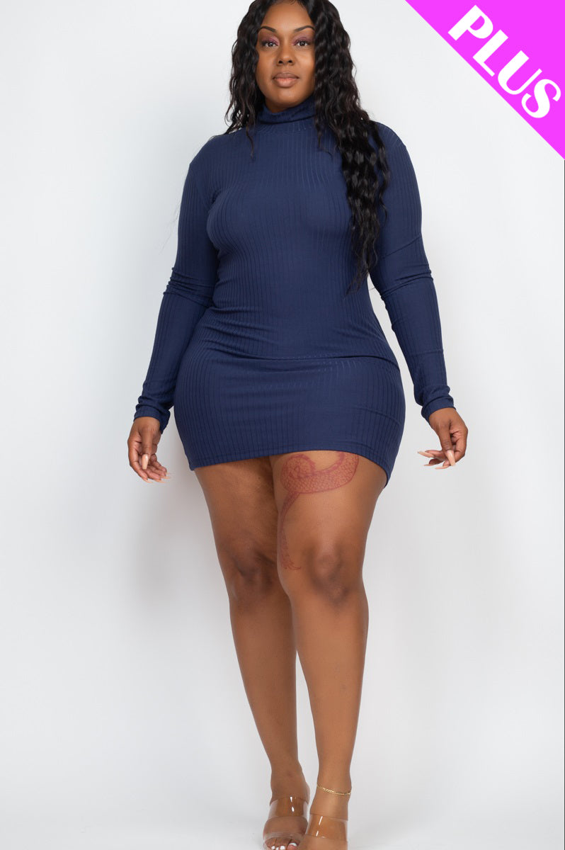 Plus Size Ribbed Long Sleeve Mock neck Mini Bodycon Dress - Capella Apparel Wholesale