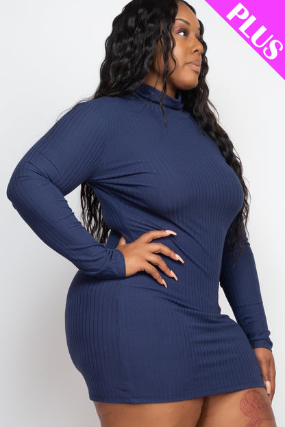 Plus Size Ribbed Long Sleeve Mock neck Mini Bodycon Dress - Capella Apparel Wholesale