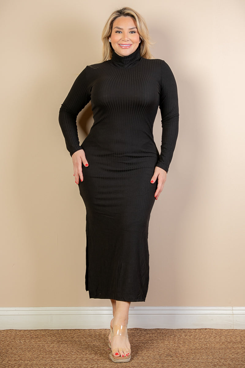 Plus Size Ribbed Turtleneck Side Slit Maxi Dress (CAPELLA) - Capella Apparel