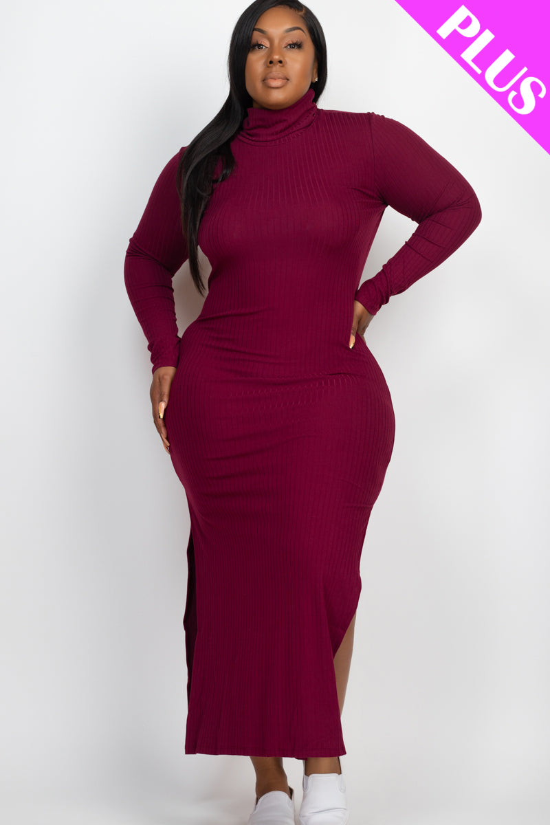 Plus Size Ribbed Turtleneck Side Slit Maxi Dress (CAPELLA) - Capella Apparel