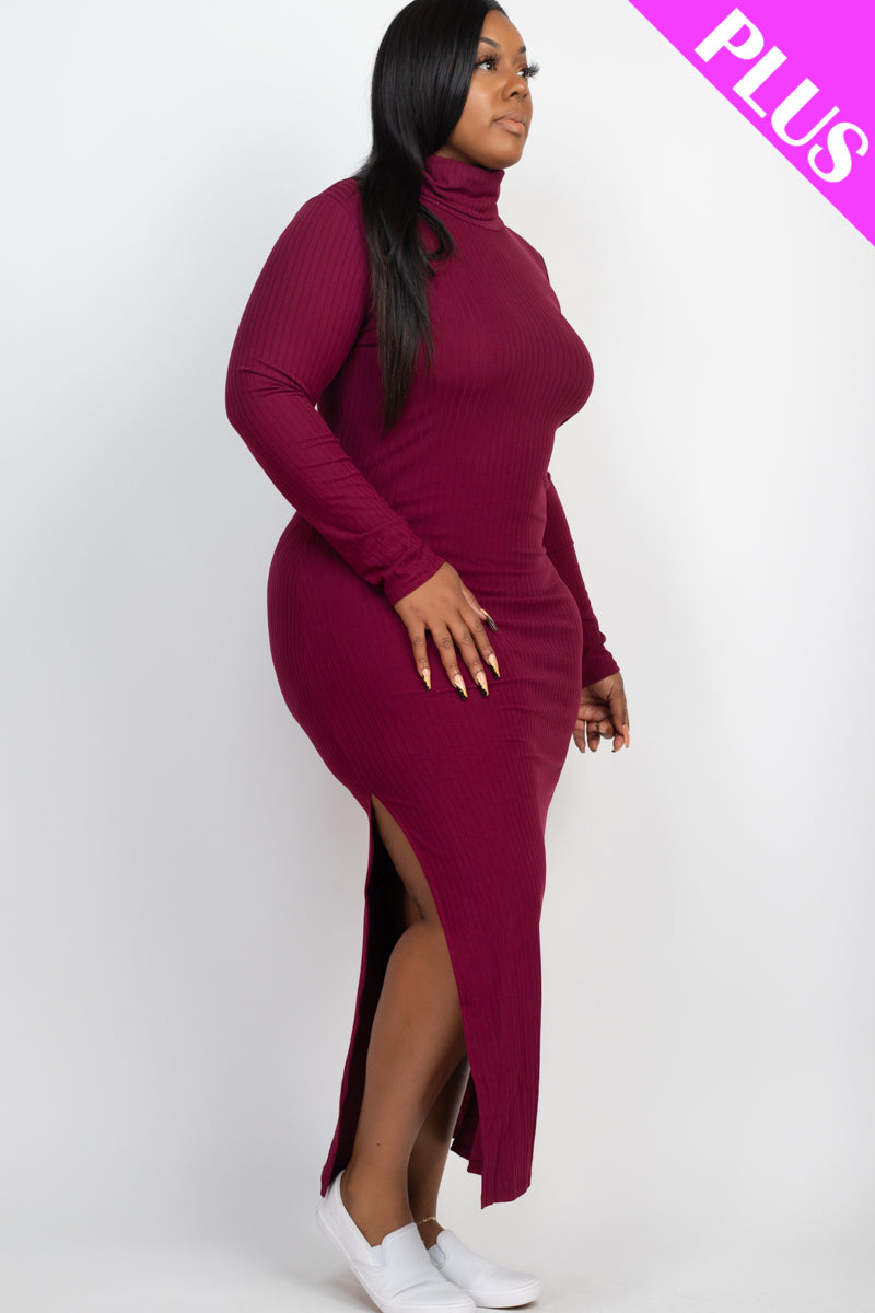 Plus Size Ribbed Turtleneck Side Slit Maxi Dress (CAPELLA) - Capella Apparel