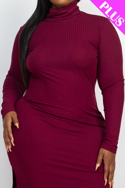 Plus Size Ribbed Turtleneck Side Slit Maxi Dress (CAPELLA) - Capella Apparel