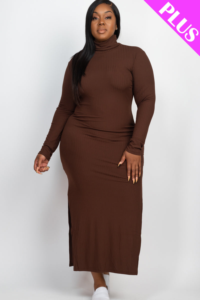 Plus Size Ribbed Turtleneck Side Slit Maxi Dress (CAPELLA) - Capella Apparel