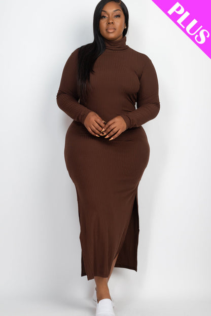 Plus Size Ribbed Turtleneck Side Slit Maxi Dress (CAPELLA) - Capella Apparel