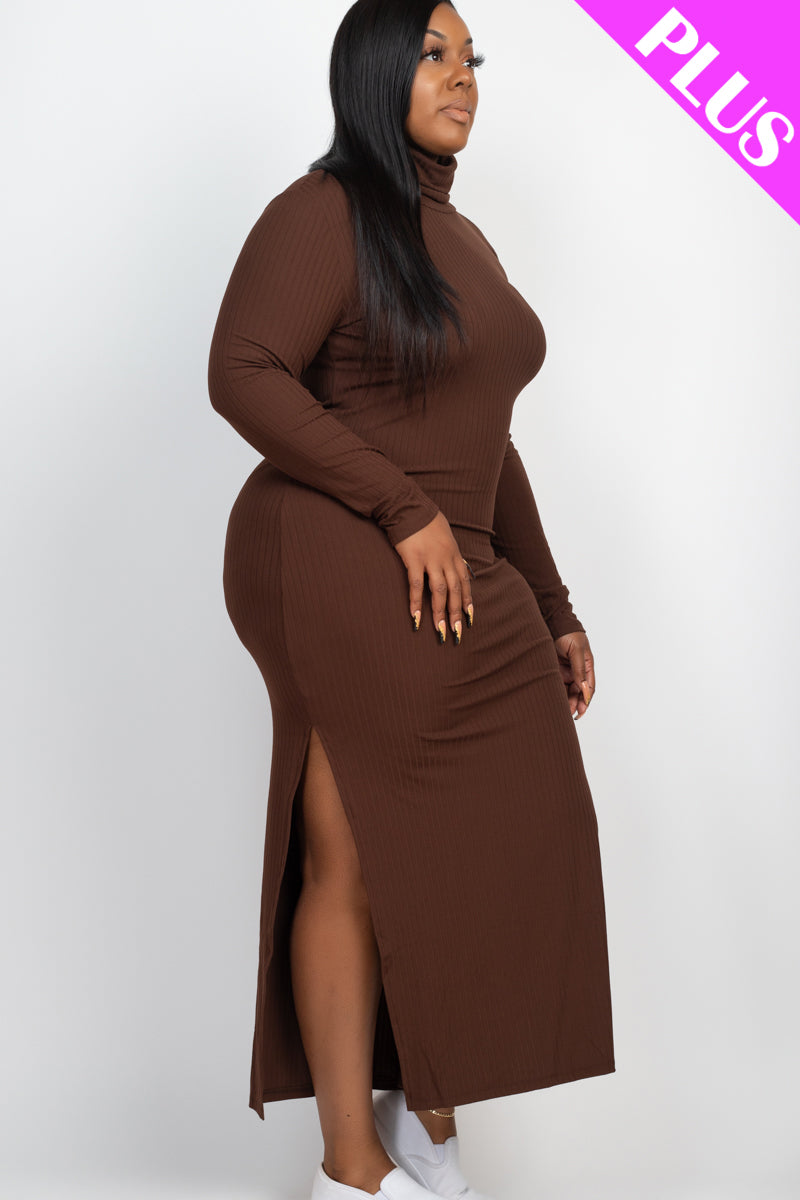 Plus Size Ribbed Turtleneck Side Slit Maxi Dress (CAPELLA) - Capella Apparel