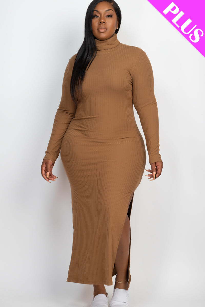 Plus Size Ribbed Turtleneck Side Slit Maxi Dress (CAPELLA) - Capella Apparel