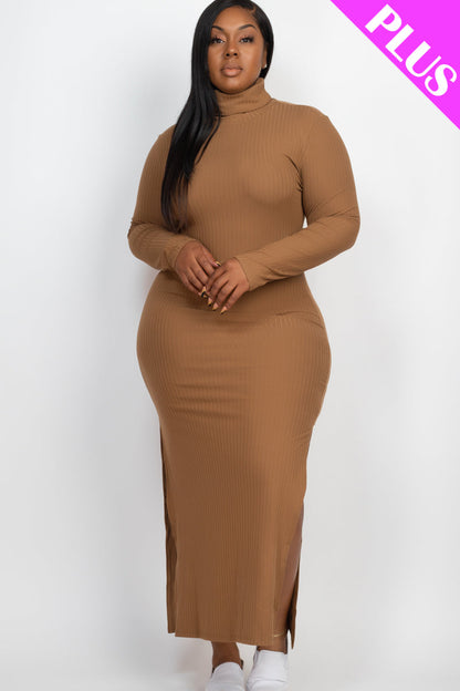 Plus Size Ribbed Turtleneck Side Slit Maxi Dress (CAPELLA) - Capella Apparel