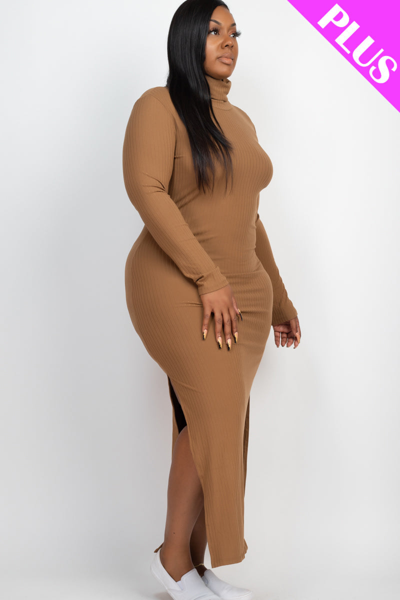 Plus Size Ribbed Turtleneck Side Slit Maxi Dress (CAPELLA) - Capella Apparel