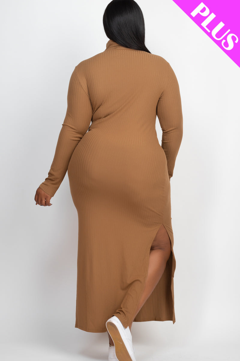 Plus Size Ribbed Turtleneck Side Slit Maxi Dress (CAPELLA) - Capella Apparel