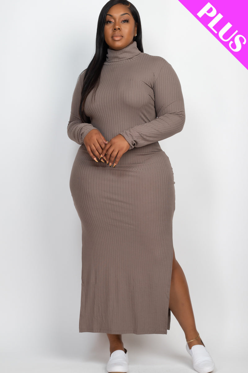 Plus Size Ribbed Turtleneck Side Slit Maxi Dress (CAPELLA) - Capella Apparel