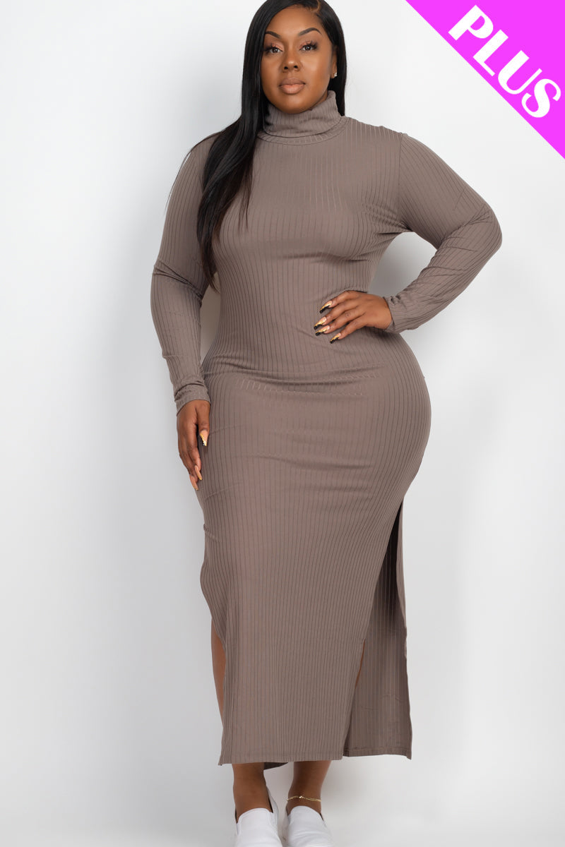 Plus Size Ribbed Turtleneck Side Slit Maxi Dress (CAPELLA) - Capella Apparel