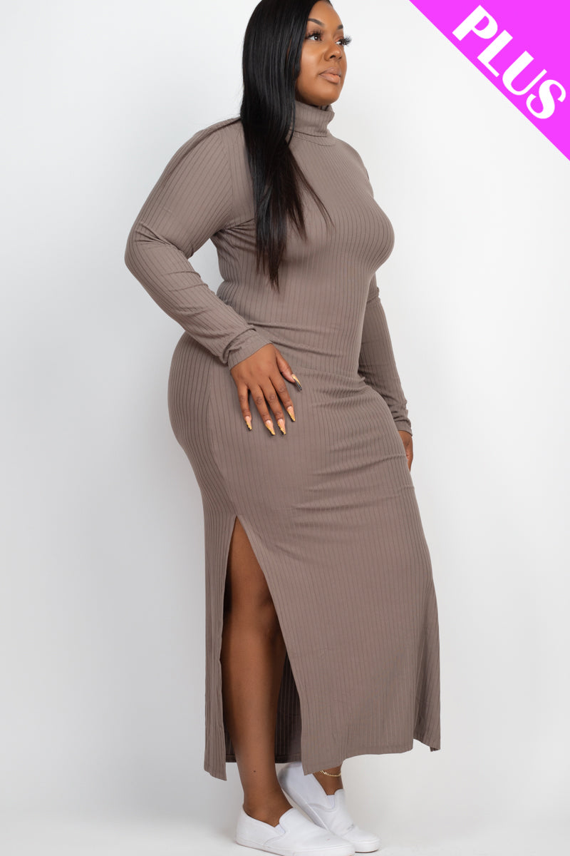 Plus Size Ribbed Turtleneck Side Slit Maxi Dress (CAPELLA) - Capella Apparel