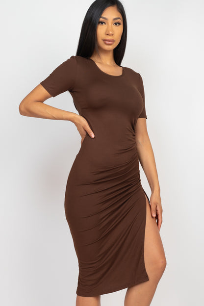 Drawstring Ruched Side Split Hem Midi Dress - Wholesale Capella Apparel