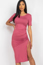 Drawstring Ruched Side Split Hem Midi Dress (CAPELLA) - Capella Apparel