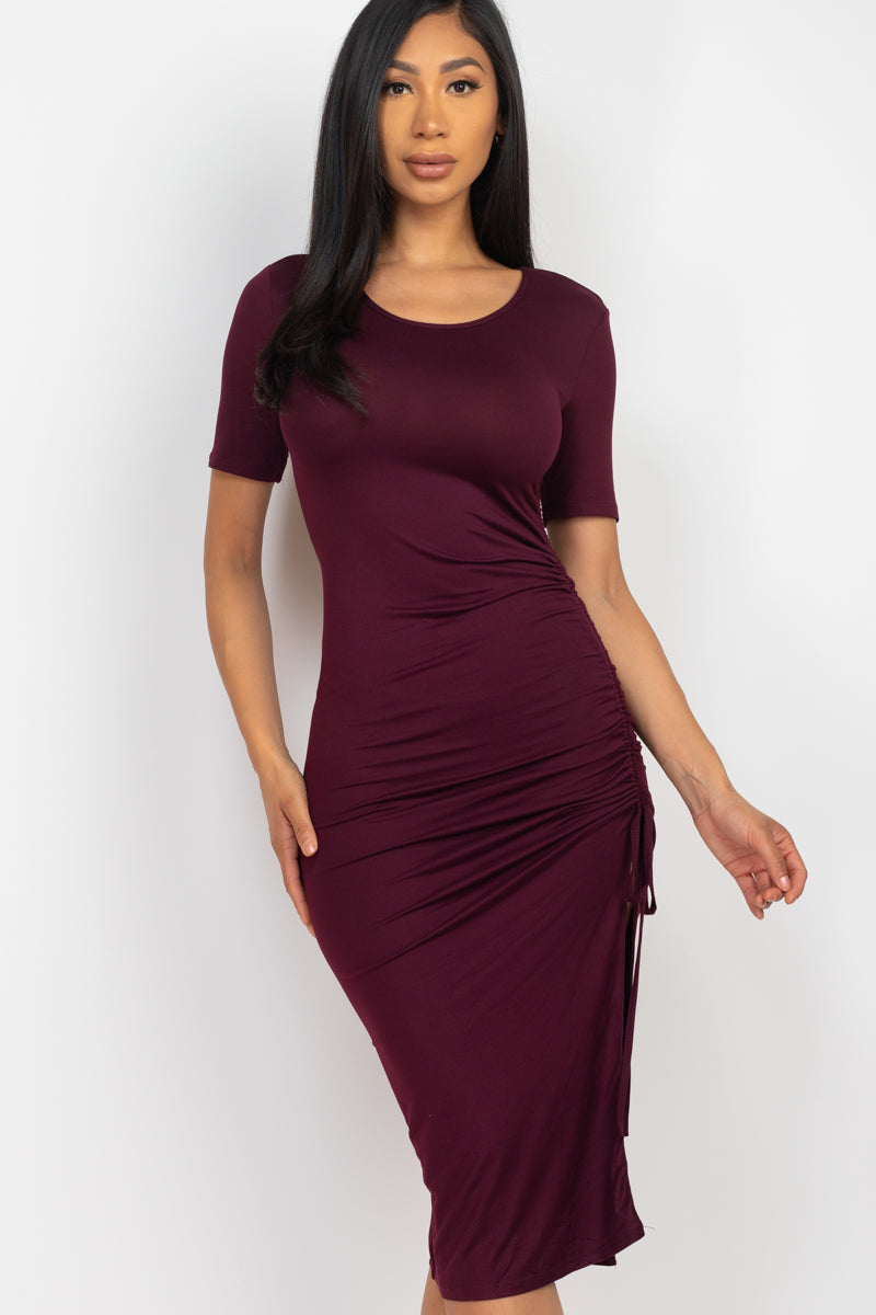 Drawstring Ruched Side Split Hem Midi Dress - Wholesale Capella Apparel