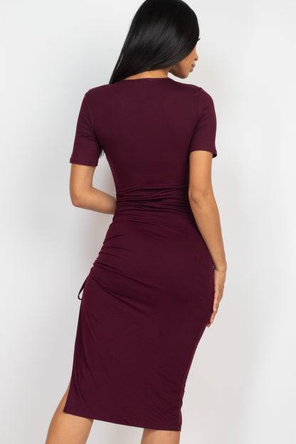 Drawstring Ruched Side Split Hem Midi Dress - Wholesale Capella Apparel