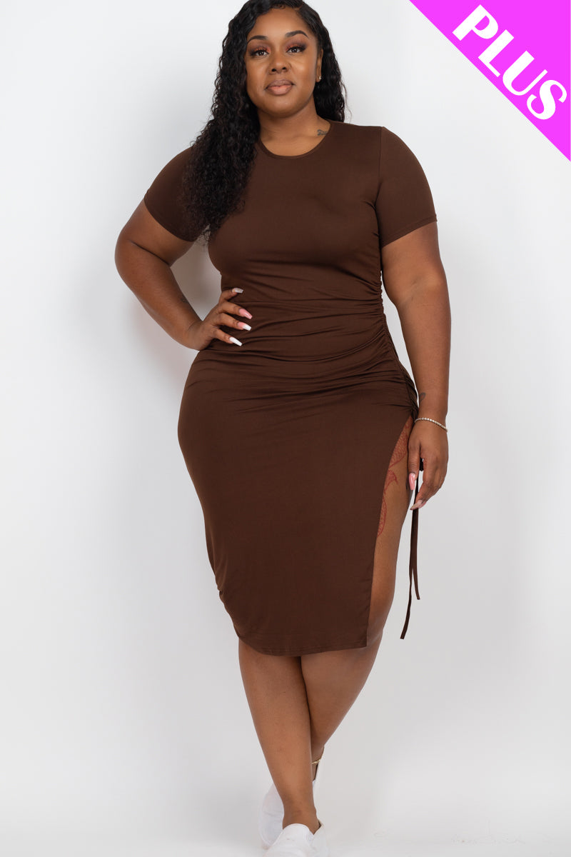 Plus Size Drawstring Ruched Side Split Hem Midi Dress - Capella Apparel Wholesale