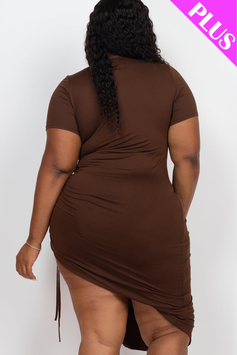 Plus Size Drawstring Ruched Side Split Hem Midi Dress - Capella Apparel Wholesale