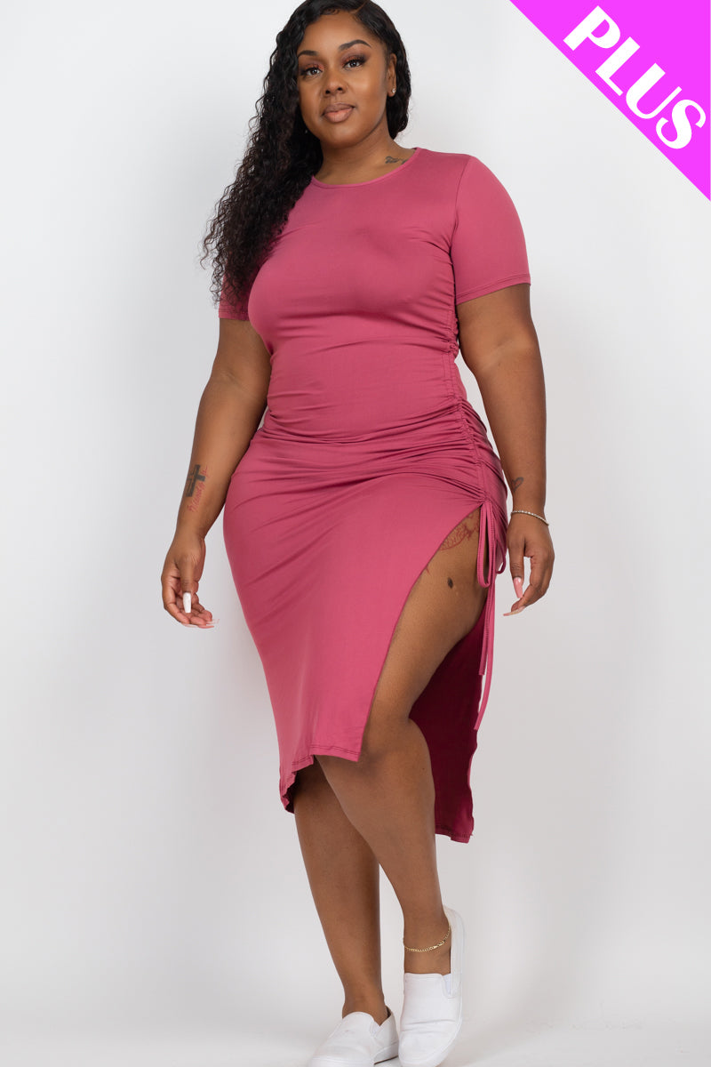 Plus Size Drawstring Ruched Side Split Hem Midi Dress - Capella Apparel Wholesale