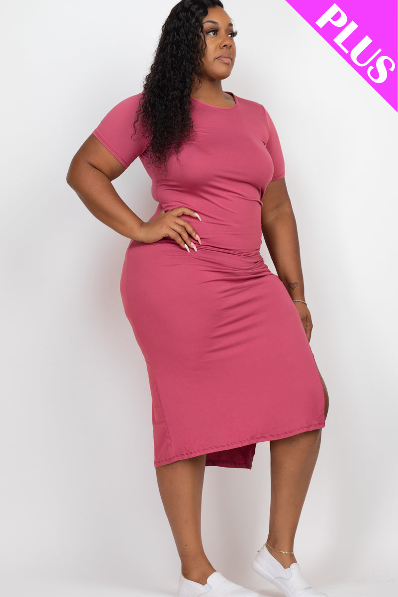 Plus Size Drawstring Ruched Side Split Hem Midi Dress - Capella Apparel Wholesale